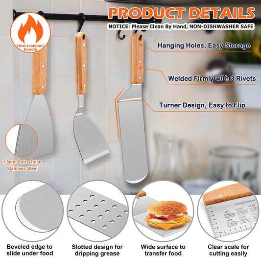 Griddle Accessories Set of 18, Stainless Steel Flat Top Grilling Accessory Outdoor Camping BBQ Cooking Tools, with Grill Spatulas, Scraper, Melting Dome, Burger Turner, Portable Carrying Bag