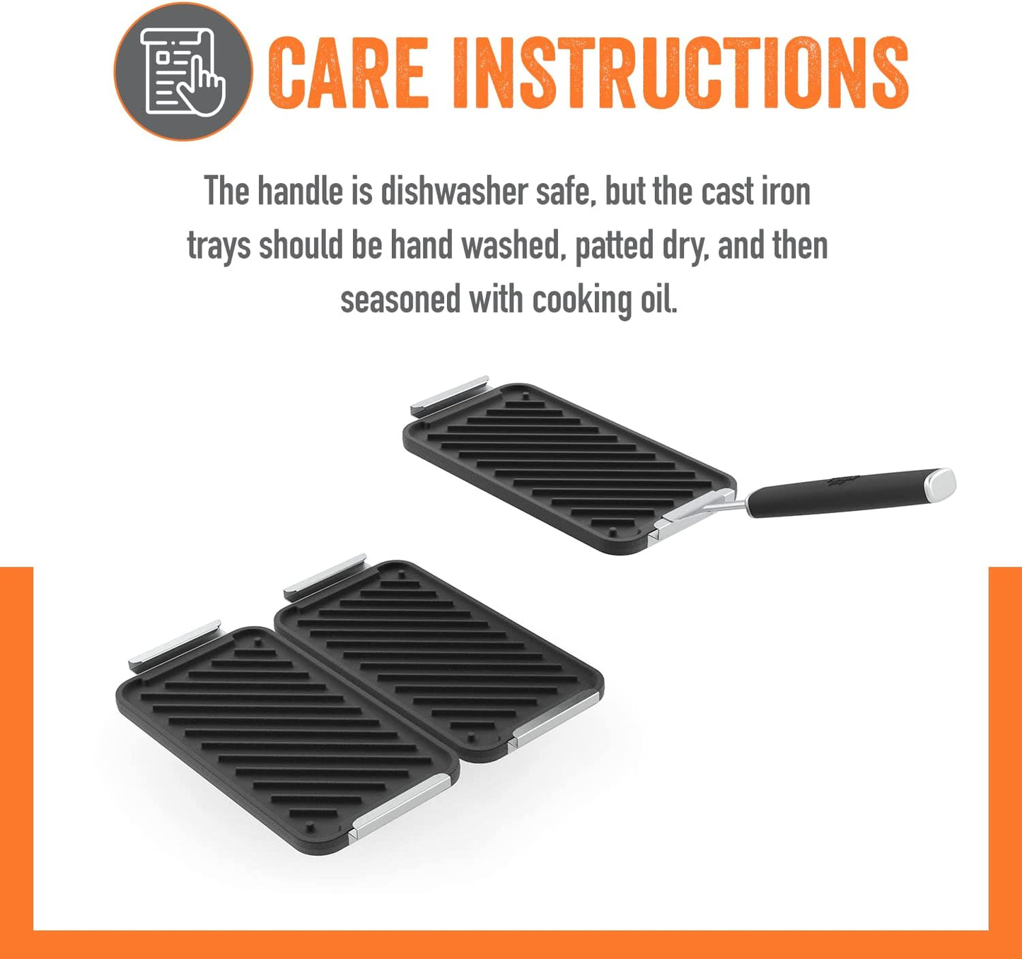 ™ SEAR 'N SERVE Cast Iron Grill Pan Set Includes 3 Cast Iron Grilling Baskets & Clip-On Handle - Cast Iron Grill Pans for Stove Tops or Outdoor Grills