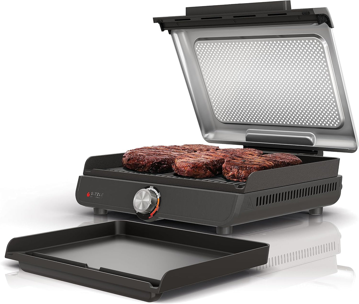 GR101 Sizzle Smokeless Indoor Grill & Griddle, 14'' Interchangeable Nonstick Grill and Griddle Plates, Dishwasher-Safe Removable Mesh Lid, 500F Max Heat, Even Edge-To-Edge Cooking, Grey/Silver
