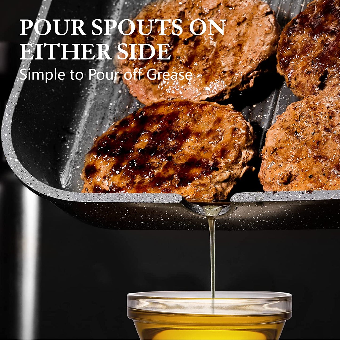 Nonstick Grill Pan for Stove Tops, Versatile Griddle with Pour Spouts, Square Big Cooking Surface, Durable Skillet Indoor & Outdoor Grilling. PFOA Free, 9.5 Inch