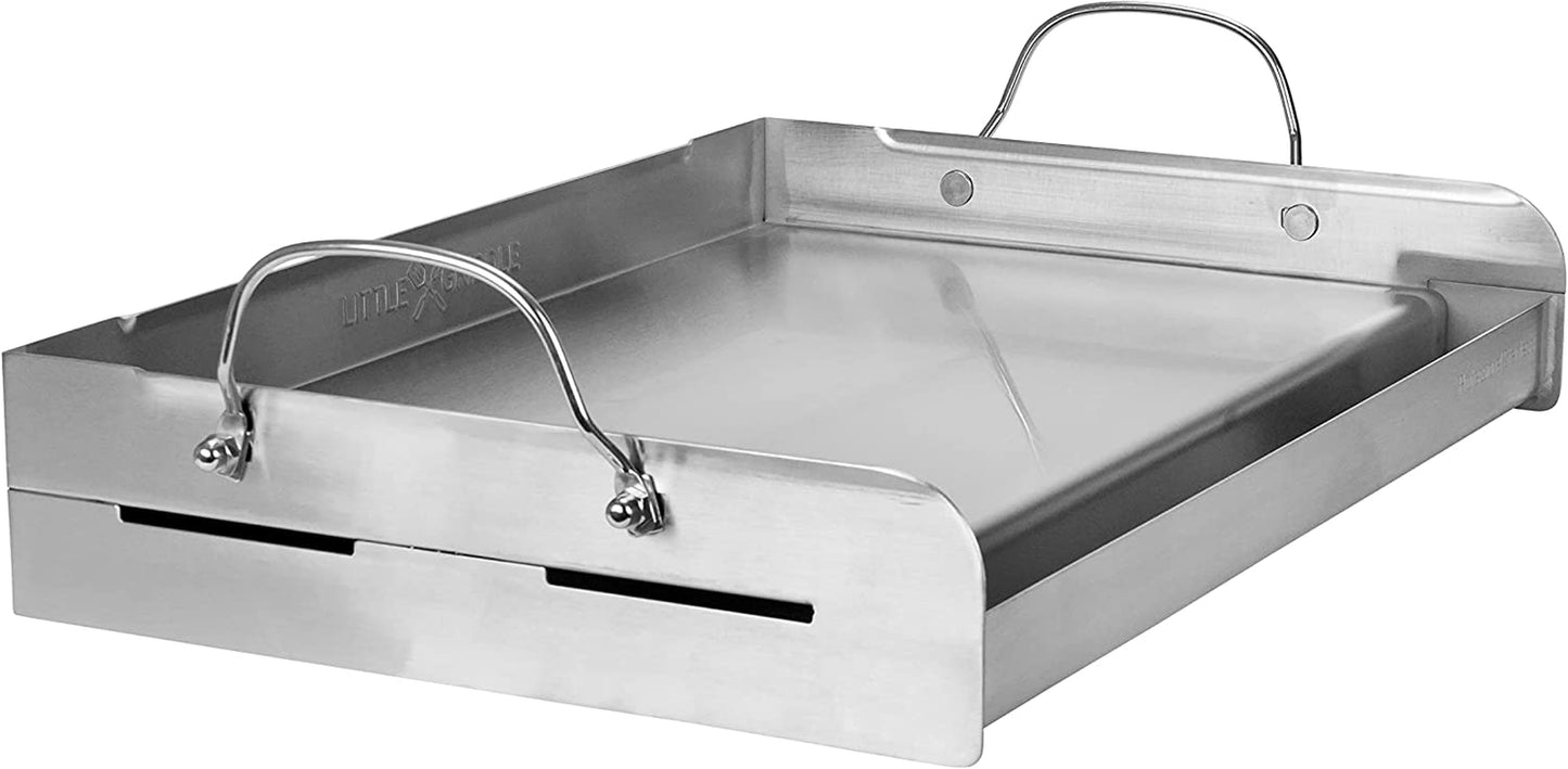 Griddle-Q GQ230 100% Stainless Steel Professional Quality Griddle with Even Heat Cross Bracing and Removable Handles for Charcoal/Gas Grills, Camping, Tailgating, Parties (25"X16"X6.5")