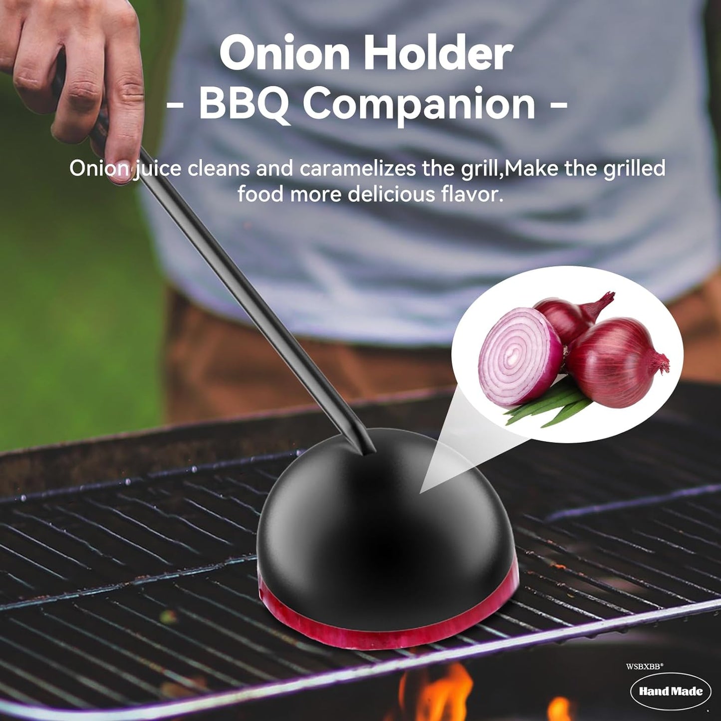 Onion Holder Grill Brush, Grill Cleaner Brush, BBQ Grill Accessories Use for Charcoal Grills, Gas Grills. 28" in Black Metal Holder, Heat Resistant(Hand Made), Grill Brush Bristle Free