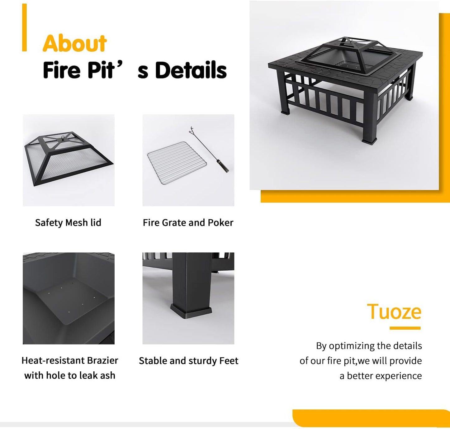 Tuoze 32-Inch Fire Pits Outdoor Patio Metal Multifunctional Firepit Table with Waterproof Cover for Camping Bonfire Party Picnic BBQ Backyard Garden outside Heating,Black