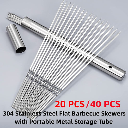 WILLBBQ 304 Stainless Steel 13.2" Long Flat Barbecue Skewers,20Pcs/40Pcs BBQ Kebab Skewers with Portable Metal Storage Tube,Reusable for Grilling Barbecue Kitchen Party and Outdoor Cooking (40PCS)
