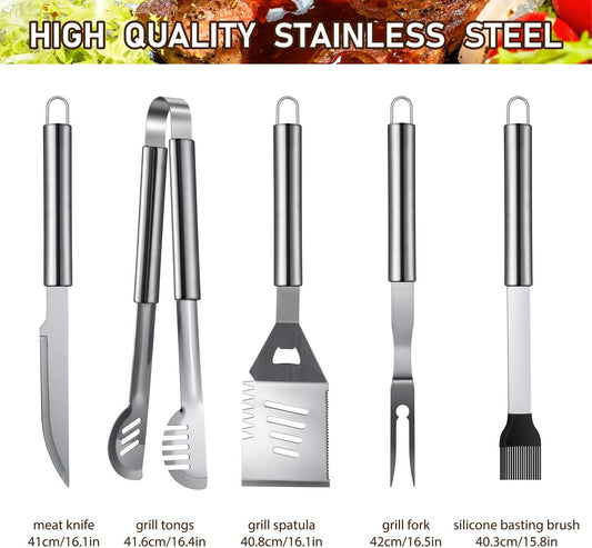 34PCS BBQ Grill Tools Set Stainless Steel Grilling Accessories with Spatula, Tongs, Skewers for Barbecue, Camping, Kitchen, Complete Premium Grill Utensils Set in Storage Bag, Silver, (BTS-34)