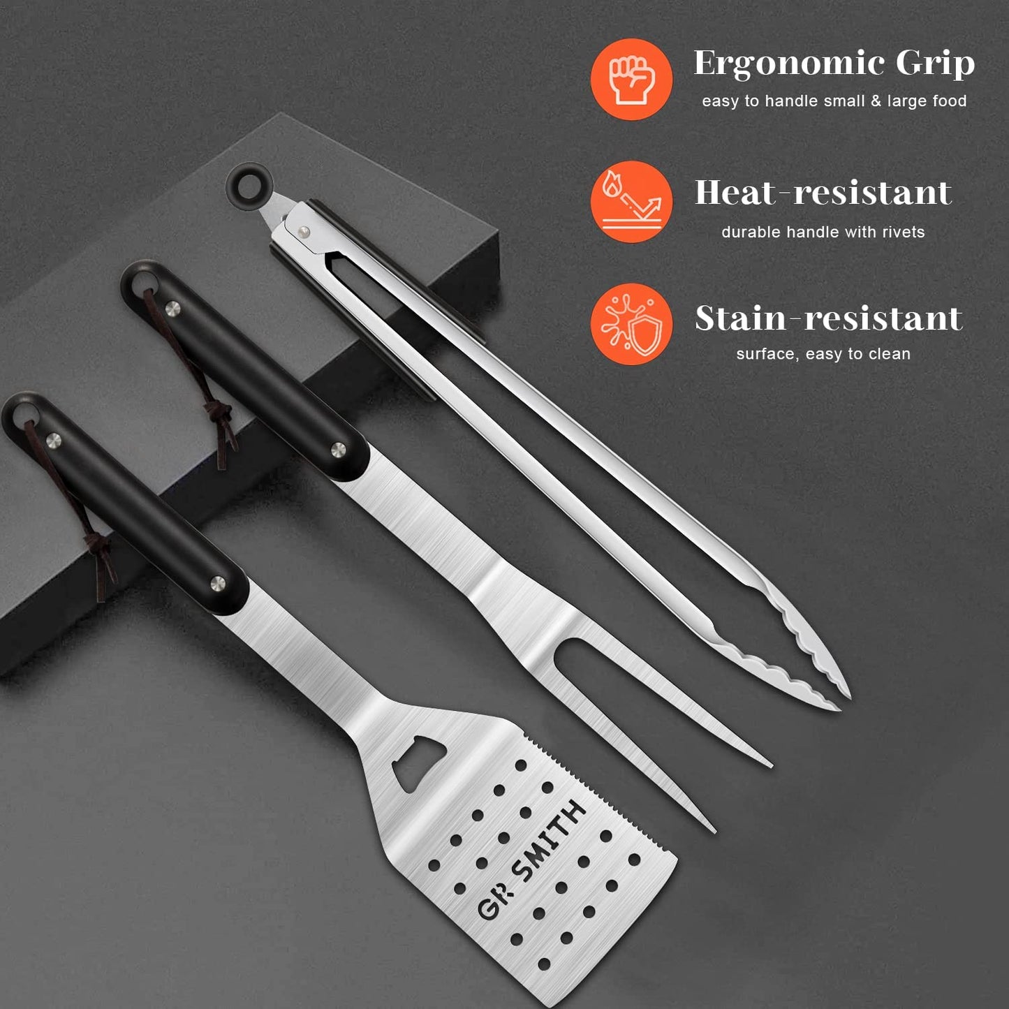 Grill Accessories, 3-Piece BBQ Accessories, GR Smith Stainless Steel Kitchen Set with Spatula, Tongs, & Fork - Perfect for Blackstone Outdoor Griddle, Camping…