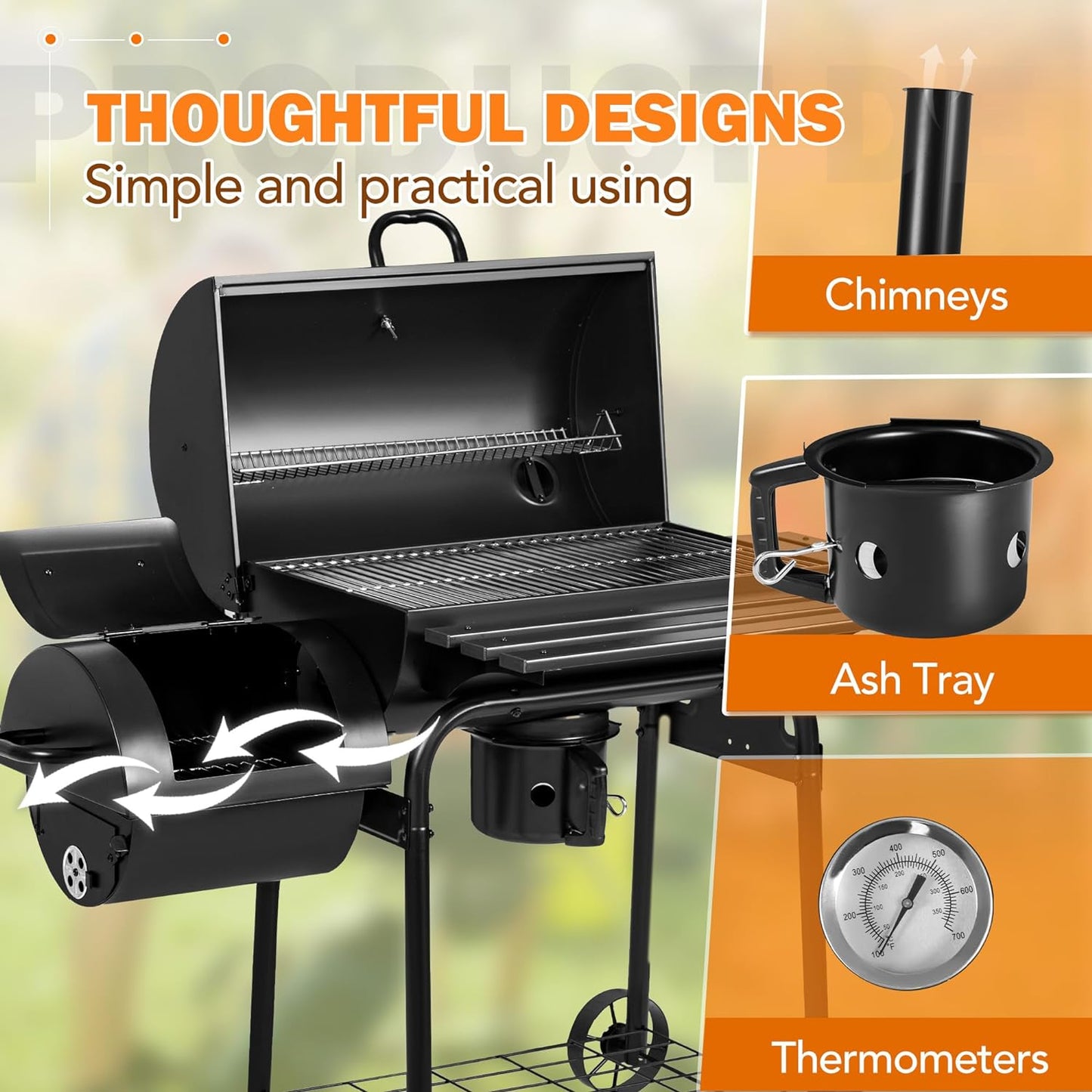 Flamaker Charcoal Grill Outdoor BBQ Grill with Side Oven & Thermometer Barbecue Grill Offset Smoker with Ash Catcher & Cover for Camping Picnics