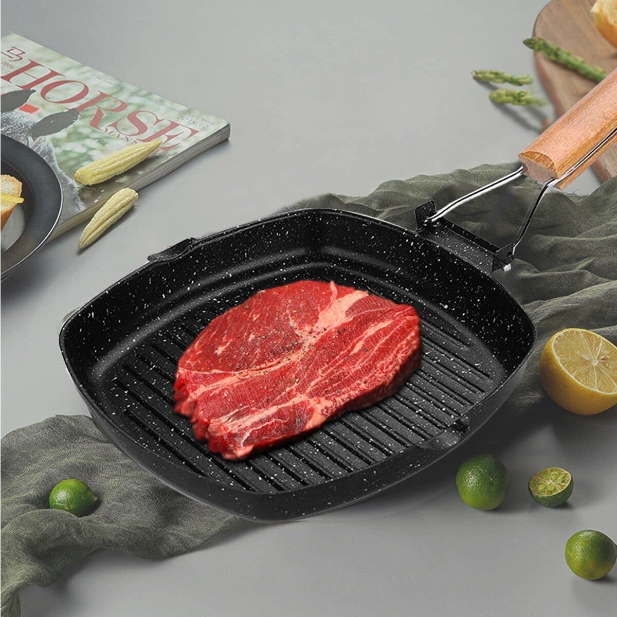 Non-Stick Grill Pan with Folding Handle for Meat, Fish and Vegetables for All Heat Sources 24Cm/9.4In for Stove Tops, Induction, Black