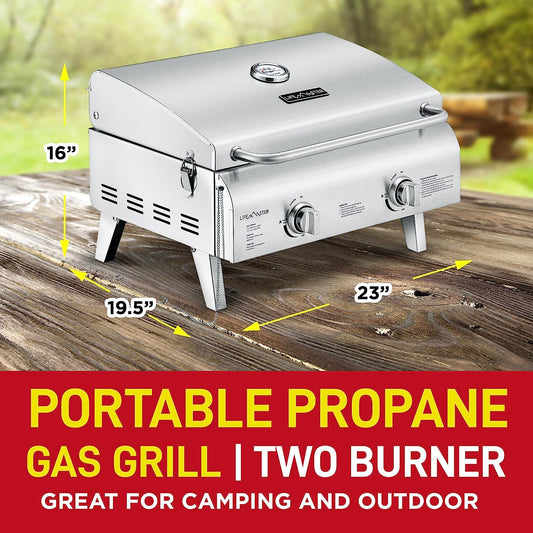 Portable Grill – Table Top Stainless Steel Propane Gas BBQ for Camping and Outdoor – 2 Burners –20,000 BTU Power - Folding Legs – Wind Proof Lid – Easy Clean – Silver - by