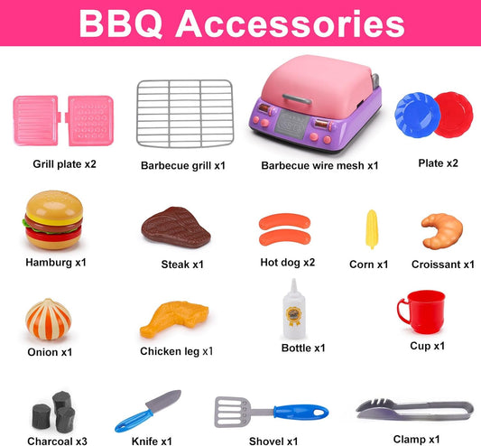 Kids BBQ Grill Playset with Smoke Sound Light Play Kitchen Set Age 3-5 4-8 Pretend Food Barbecue Cooking Toy for 2 3 4 5 6 Year Old Girl Birthday Gift