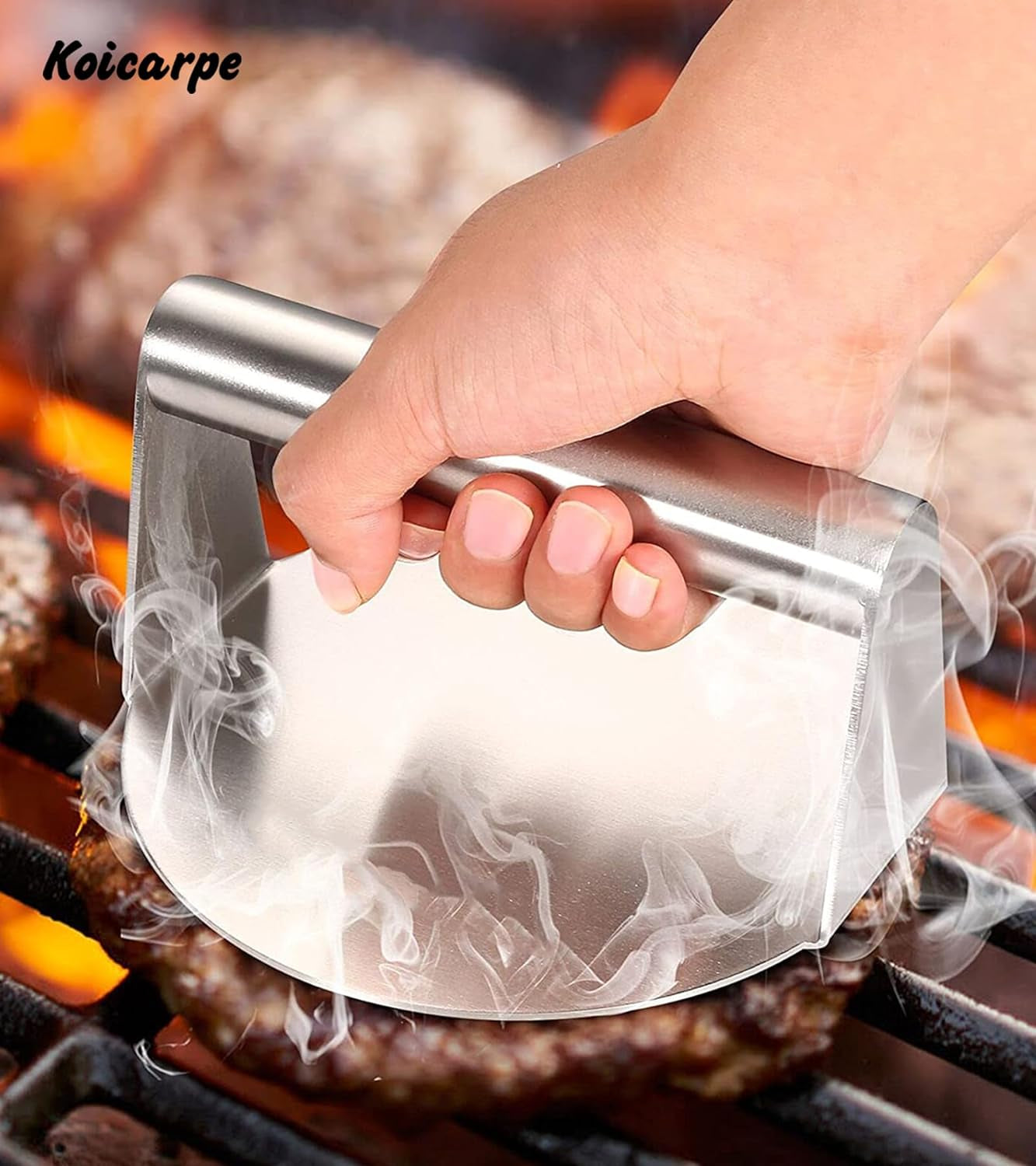 Koicarpe Burger Press - 5.5" Stainless Steel Burger Smasher Tool - Smooth & Non-Stick Surface - round Utensil for Grilling Meat Patty, Steak, Hot Dog, Grill Flattener for Steaks, Panini, Sandwich