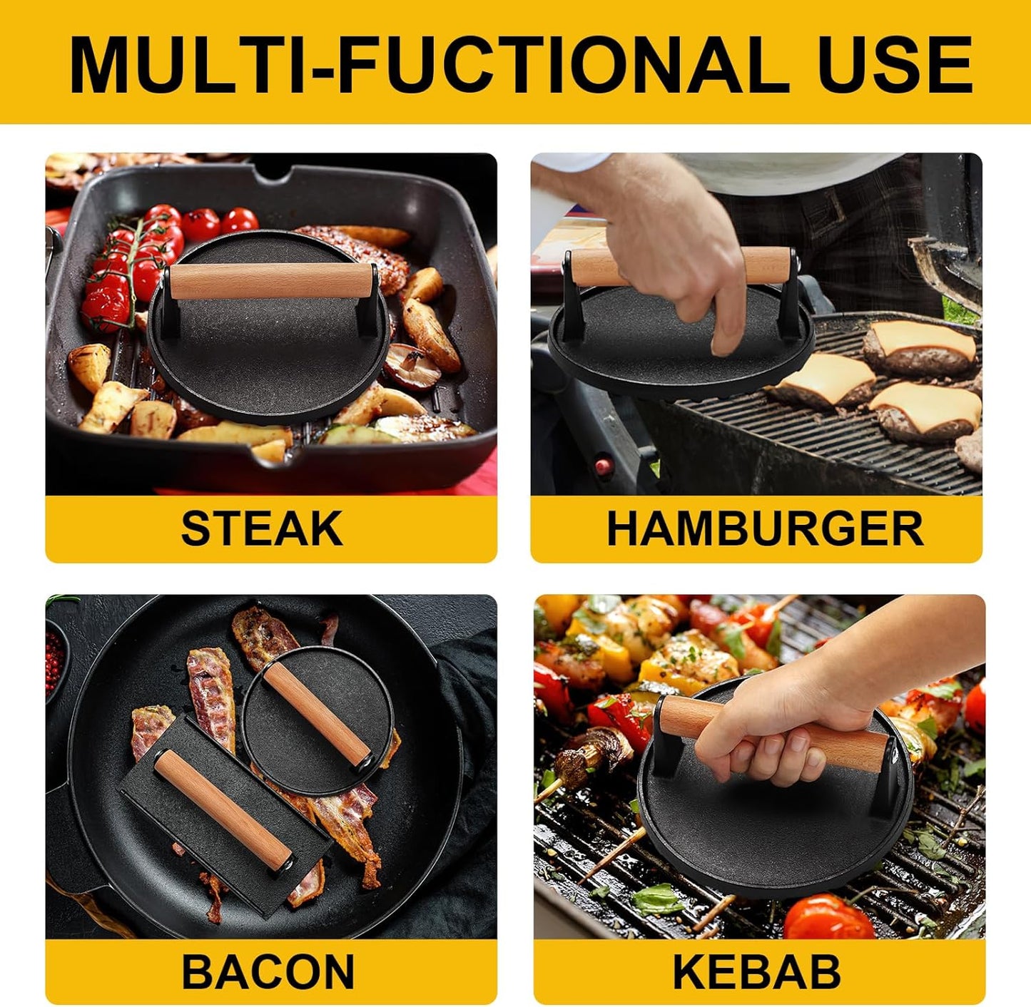 AIVIKI Burger Press, Smash Burger Press for Blackstone Griddle, Heavy Duty Cast Iron round 6.9In & Rectangular 8.2X4.2In Bacon Grill Press with Wood Handle, Meat Steak Weight for Sandwich, Paninis