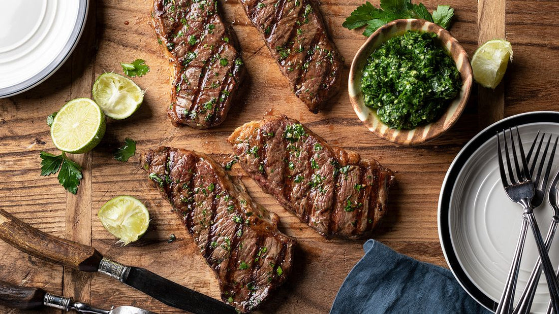 Relish Marinated Strip Steaks with Creamy Gorgonzola Sauce