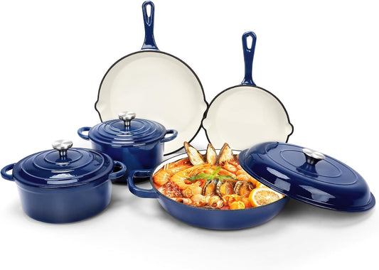 Nonstick Enameled Cast Iron Cookware Set, 8-Pcs Pots and Pans with Lid, Frying Pan Skillet, Sauce Pan, Healthy round Dutch Oven Pot for Sourdough Bread Baking on All Stovetop, Come with Organizer,Navy