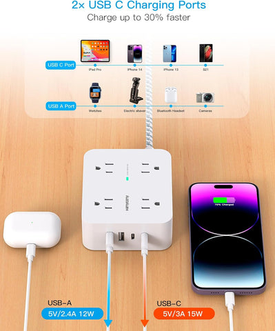 Image of Surge Protector Power Strip - 8 Outlets with 4 USB (2 USB C) Charging Ports, Multi Plug Outlet Extender, 5Ft Braided Extension Cord, Flat Plug Wall Mount Desk USB Charging Station for Home Office ETL