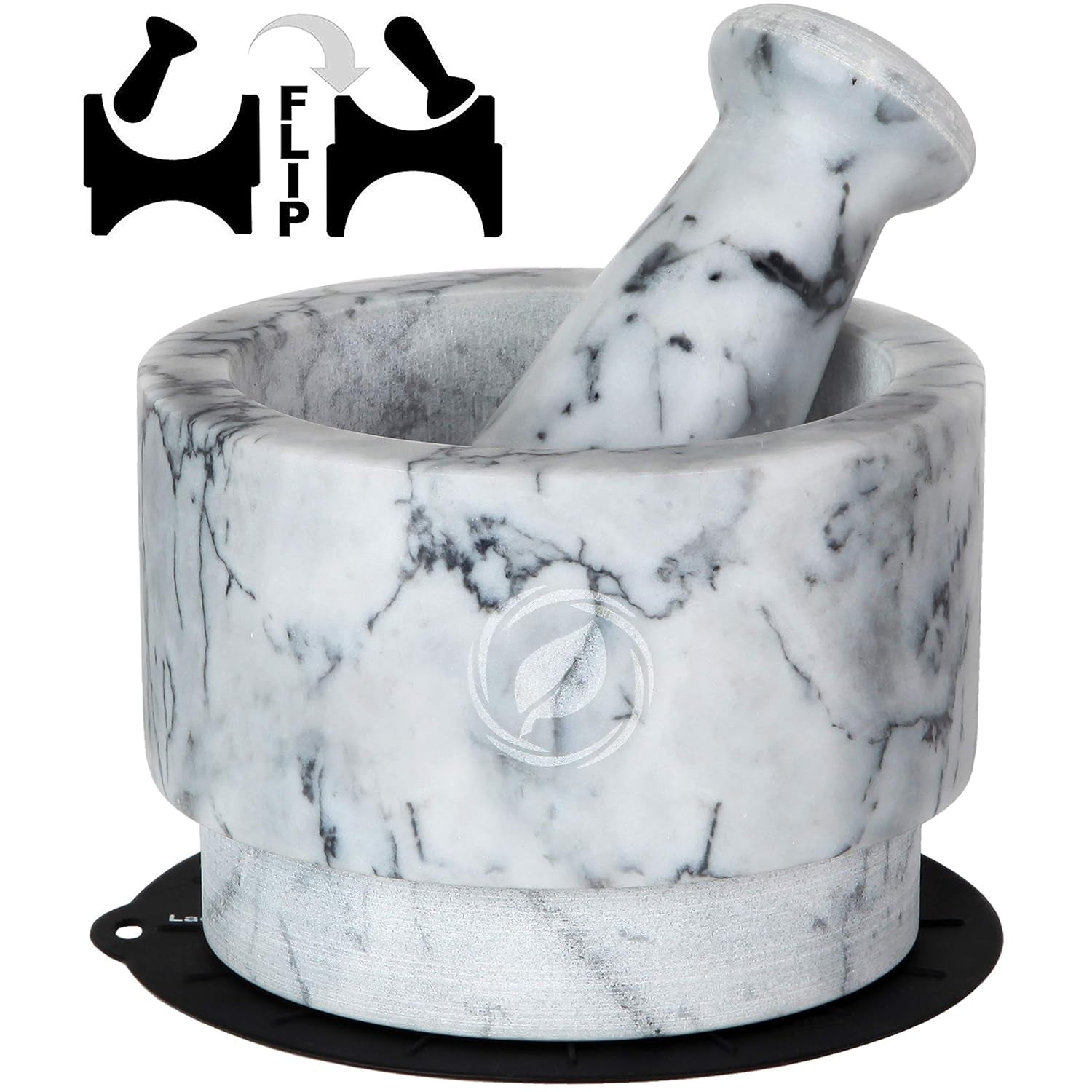 Laevo White Marble Mortar and Pestle Set - Heavy Duty Stone Spice Grinder - 2.1 Cup Capacity, 5.5-Inch Reversible Mortar and Pestle Set for Guacamole, Pesto, Spices - Large