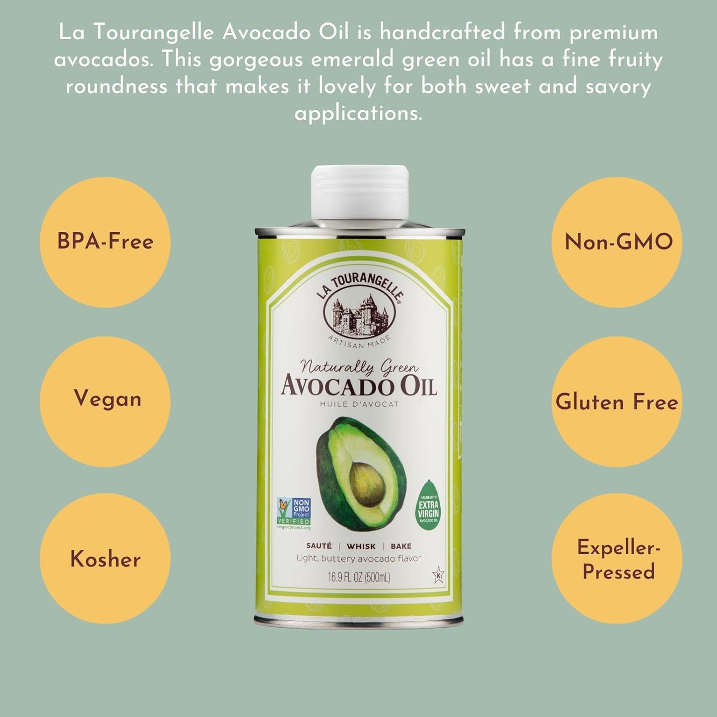 La Tourangelle, Avocado Oil, Handcrafted from Premium Avocados, Great for Cooking, as Butter Substitute, and for Skin and Hair, 16.9 Fl Oz