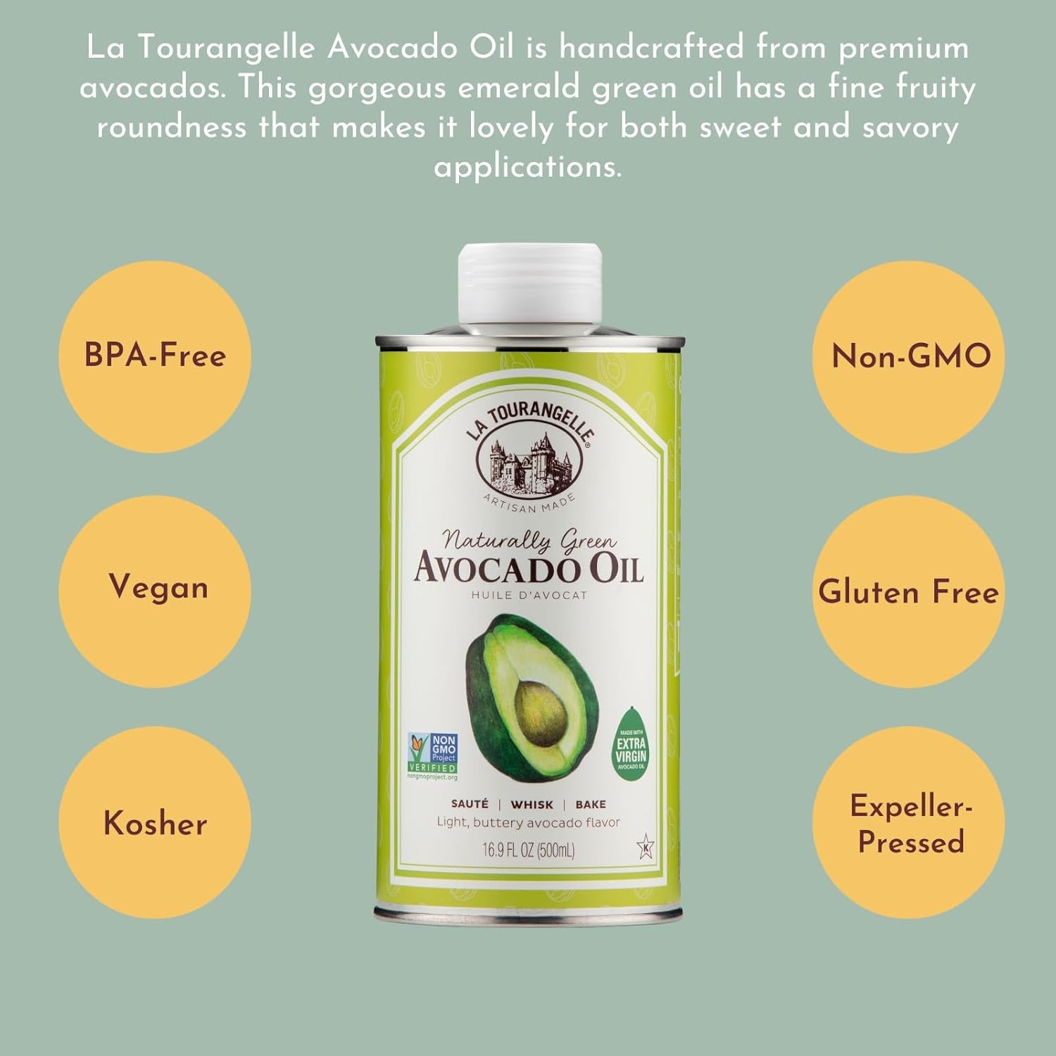 La Tourangelle, Avocado Oil, Handcrafted from Premium Avocados, Great for Cooking, as Butter Substitute, and for Skin and Hair, 16.9 Fl Oz