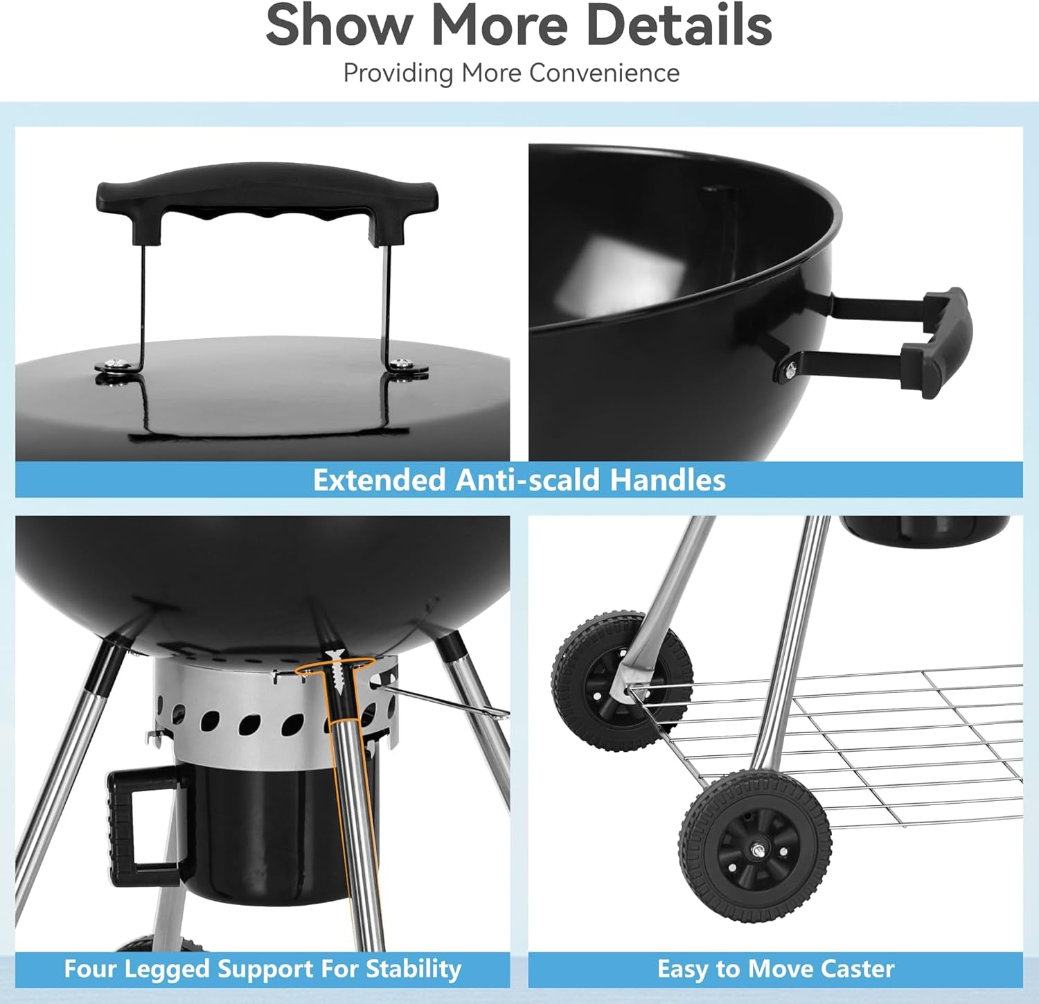 GREEN PARTY 22 Inch Kettle Charcoal BBQ Grill with Wheels, Portable Charcoal Grill with Porcelain-Enameled Lid & Ash Catcher for Outdoor Cooking Barbecue Camping Picnics Tailgating