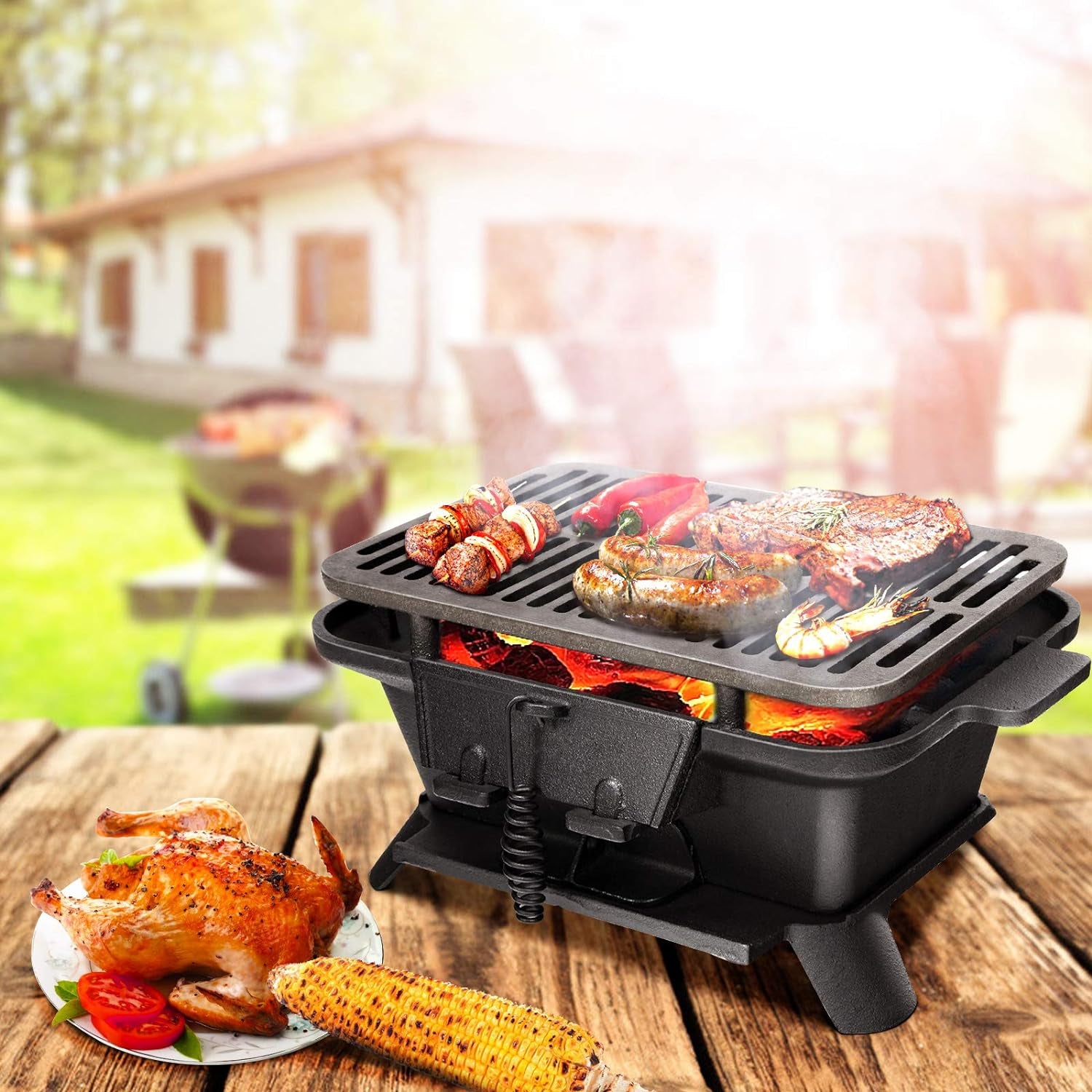 Giantex Portable Hibachi Grill, Double-Sided Cast Iron Grill with Air Regulating Door & Fire Gate, Grate Lifter, Ideal for Outdoor Picnic, Camping & Backyard Barbecue Cooking