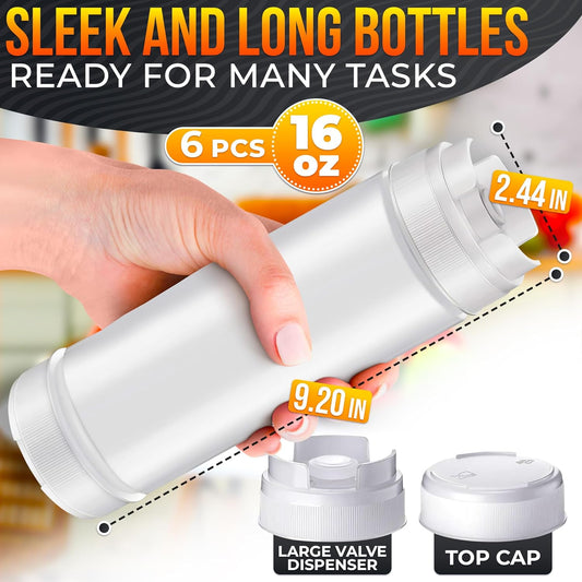 Set of 6 Condiment Squeeze Bottles for Sauces 16 Oz – Self-Closing Valve, Easy-To-Fill Clear Design | Ready-To-Dispense for Dressings, Condiments, and Sauces | Durable and Convenient