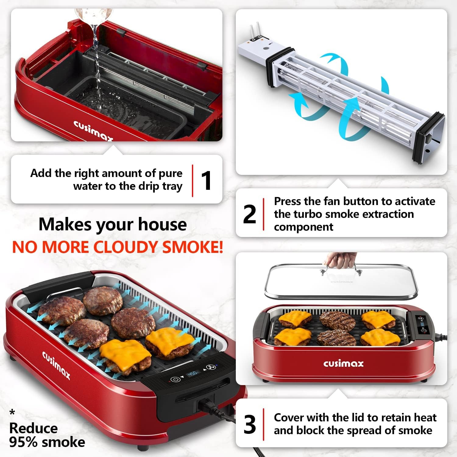 Indoor Grill, CUSIMAX Smokeless Grill Indoor, Electric Grill Griddle, 1500W Korean BBQ Grill with LED Smart Display & Tempered Glass Lid, Non-Stick Removable Grill Plate & Griddle Plate, Red