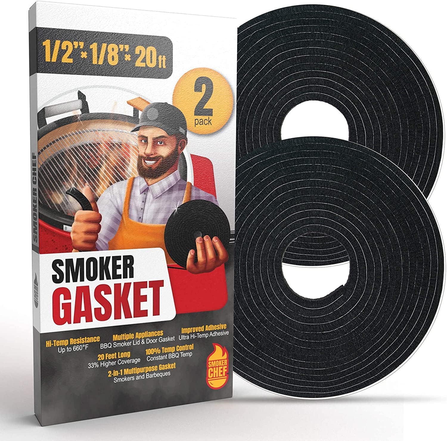 Smoker Chef XXL 20 FT Grill Gasket for Smokers - Black 1/2’’ X 1/8’’ Hi Temp Seal Smoker Gasket – 2-Pack X 10 FT Self Stick Black Nomex Fire Tape for BBQ Lid – High Heat Temperature Material Replace