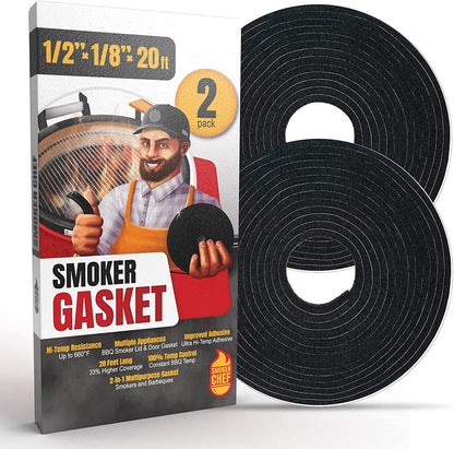 Smoker Chef XXL 20 FT Grill Gasket for Smokers - Black 1/2’’ X 1/8’’ Hi Temp Seal Smoker Gasket – 2-Pack X 10 FT Self Stick Black Nomex Fire Tape for BBQ Lid – High Heat Temperature Material Replace