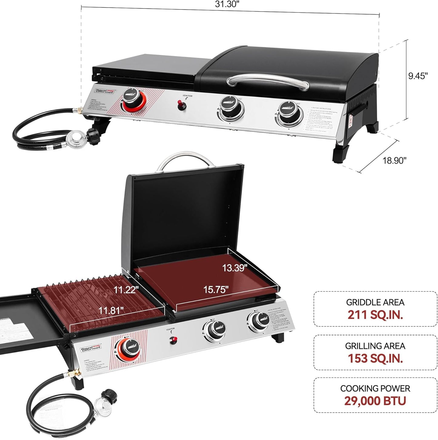 Royal Gourmet PD1305H 3-Burner Propane Gas Grill and Griddle Combo with Lid, 3-In-1 Grill Griddle Combo with 29,000 Btus Output for Outdoor Cooking, 364 Sq. In. Cooking Area, Silver & Black