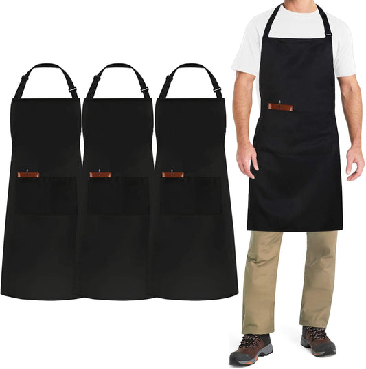 Black White Apron, Adjustable Chef Apron with 3 Pocket for Men Women Kitchen Cooking Dishwashing Cleaning (Polycotton)