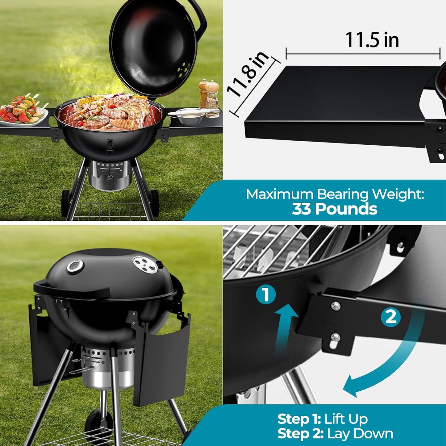 22 Inch Charcoal Grill with 2 Foldable Side Tables,Charcoal Kettle Grills with Wheels,Outdoor Bbq Grill,Portable Charcoal Grill for Camping,Party,Backyard (Black)