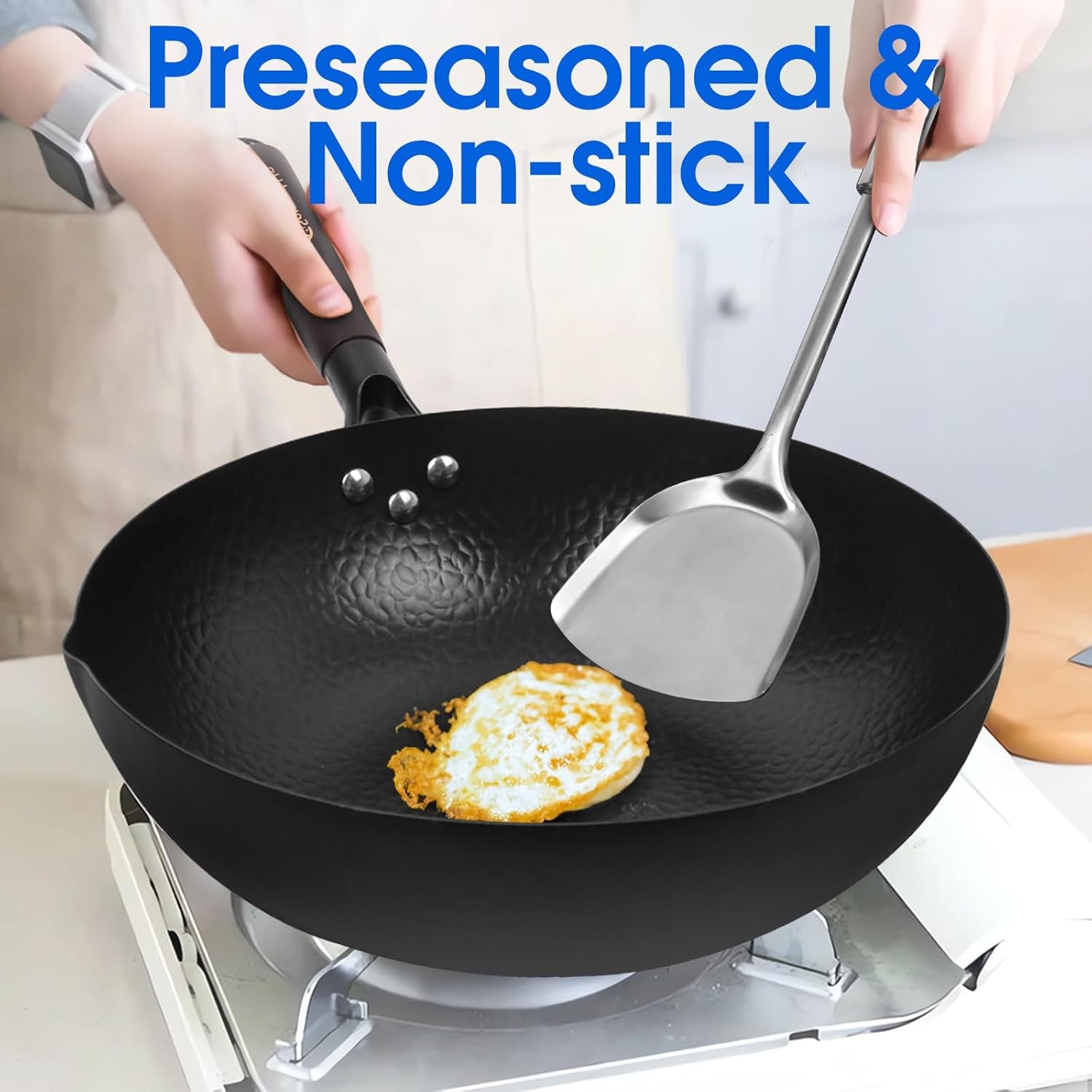 13.4 Inch Carbon Steel Wok for Electric, Induction and Gas Stoves (Lid, Spatula and User Guide Video Included)