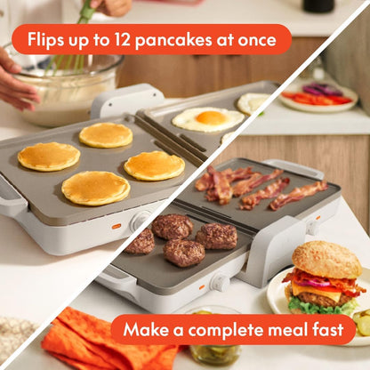 Bella 10"X 20" Ceramic Fold-N-Store Dual Temp Griddle, Fits-Anywhere Kitchenware, Evergood Ceramic Nonstick Coating, 2 Temperature Zones up to 400°F​, Dishwasher Safe Drip Tray, 1500 Watt, Oatmilk