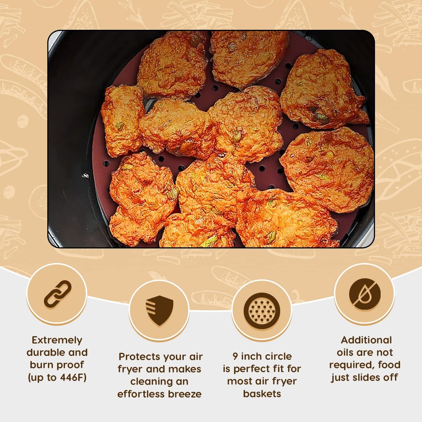 Reusable round Silicone Air Fryer Liners (9 Inch, 3 Pack) by Linda’S Essentials - Non-Stick, Easy-Clean Accessories with Cheat Sheet & Recipe Book, Perfect for Quick Meals