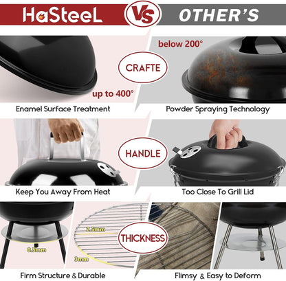 Hasteel 14 Inch Charcoal Grill, Small Black Enamel Outdoor BBQ Grill, Mini Flat Top Kettle Barbecue Grill with Screwdriver, Portable for Backyard Garden Camping Cooking Smoking, Dual Venting System