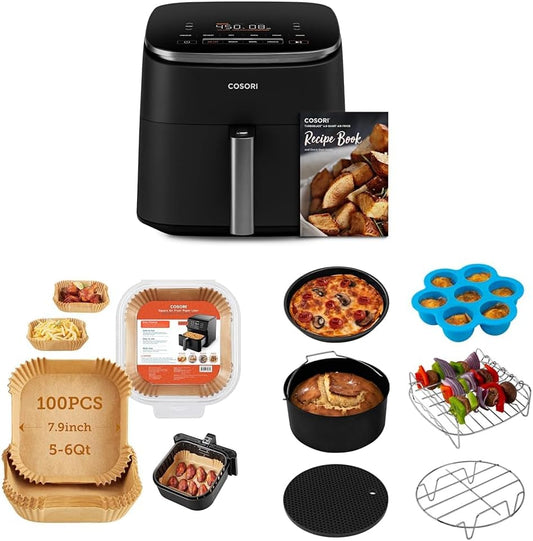 COSORI Air Fryer Turboblaze 6.0-Quart Compact Airfryer & Air Fryer Liners, 100 PCS Square Disposable Paper Liners & Air Fryer Accessories