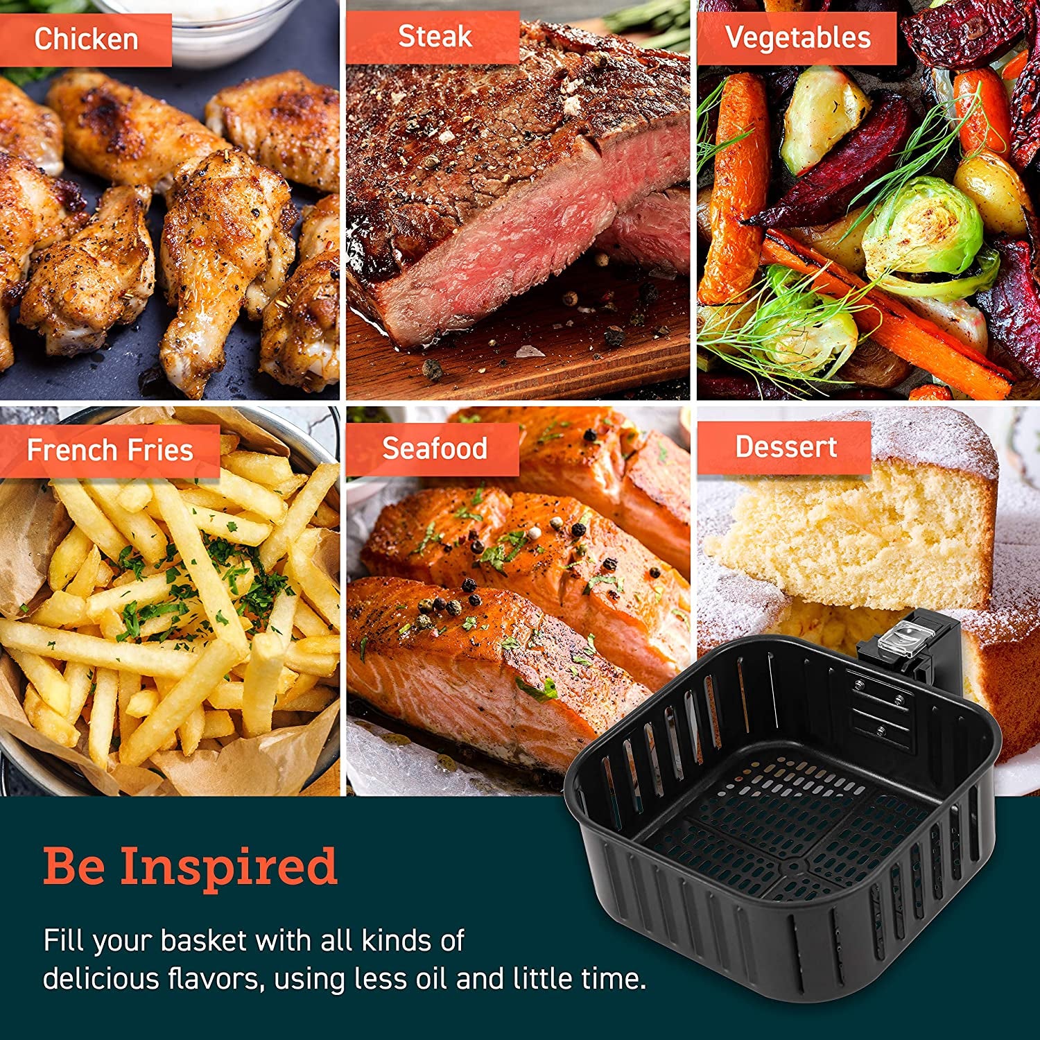 COSORI Air Fryer Accessories, Replacement 5.8QT Original Basket for COSORI CP358-AF, CS358-AF Air Fryers, Non-Stick, Dishwasher-Safe, CAF-P582B