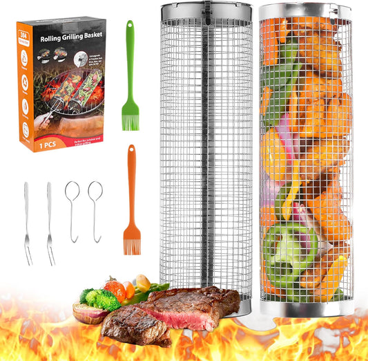 Rolling Grill Baskets, 2Pack Outdoor Veggies Grill BBQ Net Tube Tools Set, Stainless Steel round Mesh Rotation Barbecue Cylinder Cage Camping Cooking Accessories for Shrimp, Meat