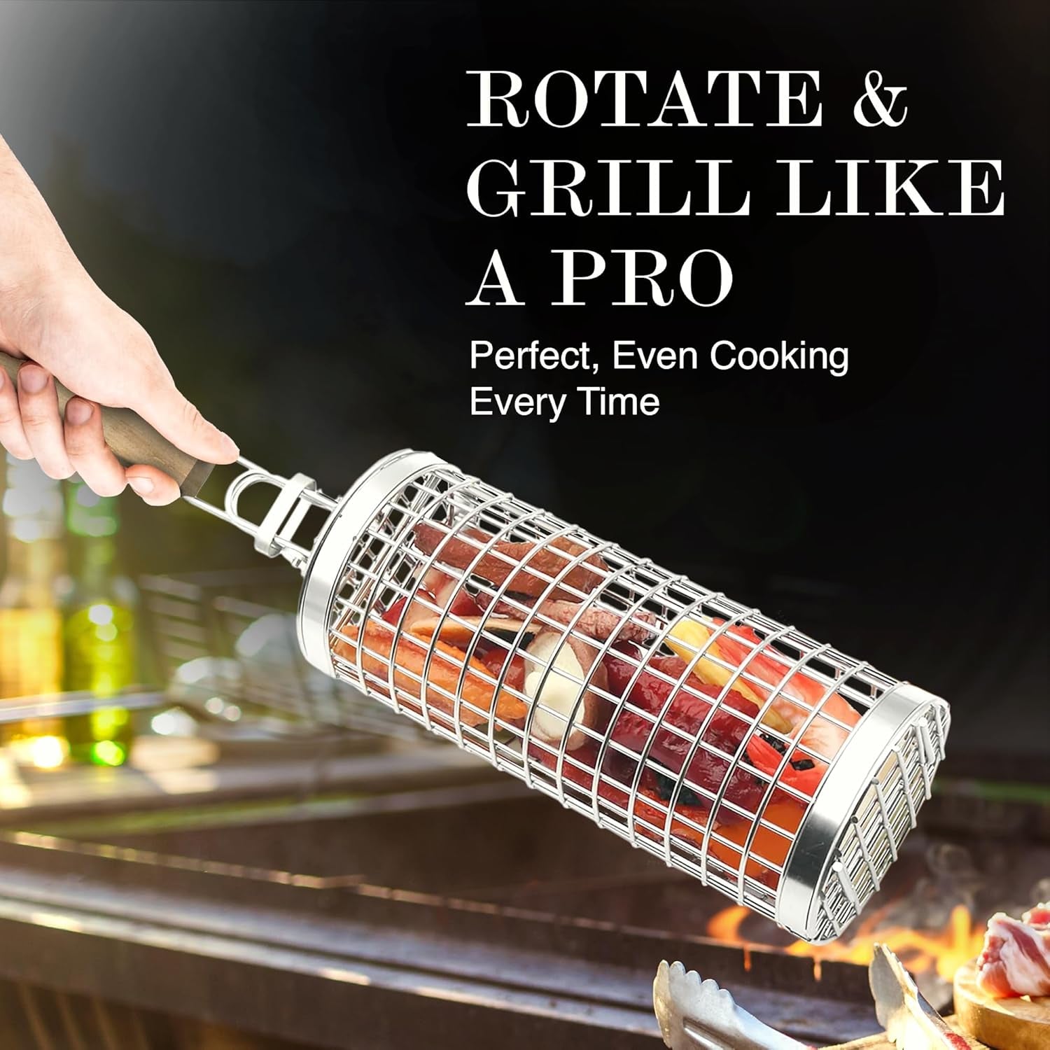 Grill Well 2.0 - Rolling Grill Basket (2 Pcs) for Vegetables, Kebob, Shrimp | BBQ Grilling Accessories for Outdoor Cooking & Camping | Perfect Father'S Day Gift for Men, Step Dad, Grandpa