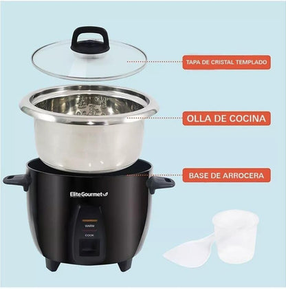 Elite Gourmet ERC2010B Electric Rice Cooker with Stainless Steel Inner Pot Makes Soups, Stews, Porridge'S, Grains and Cereals, 10 Cups Cooked (5 Cups Uncooked), Black