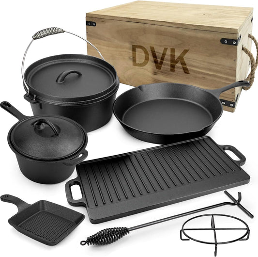 8 Piece Cast Iron Pots and Pans Set Cast Iron Skillets Bakeware and Square Grill Pan Camping Kitchen Cookware