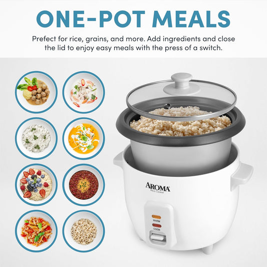 Aroma Housewares Aroma 6-Cup (Cooked) 1.5 Qt. One Touch Rice Cooker, White (ARC-363NG), 6 Cup Cooked/ 3 Cup Uncook/ 1.5 Qt.