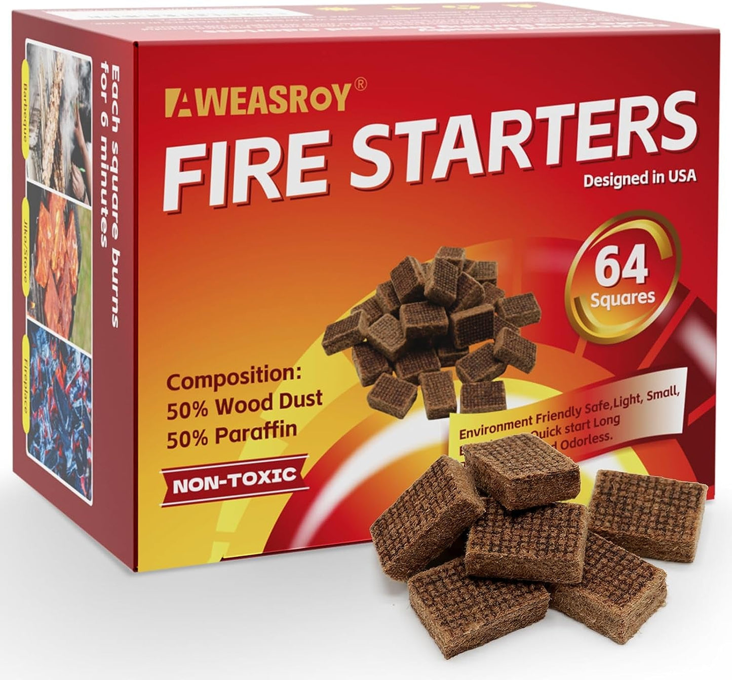 Fire Starter Squares 64 - Fire Starters for Fireplace,Chimney,Bbq Grill,Camping Fire,Wood Stove - Water Resistant and Safe Odourless - Camping Accessories