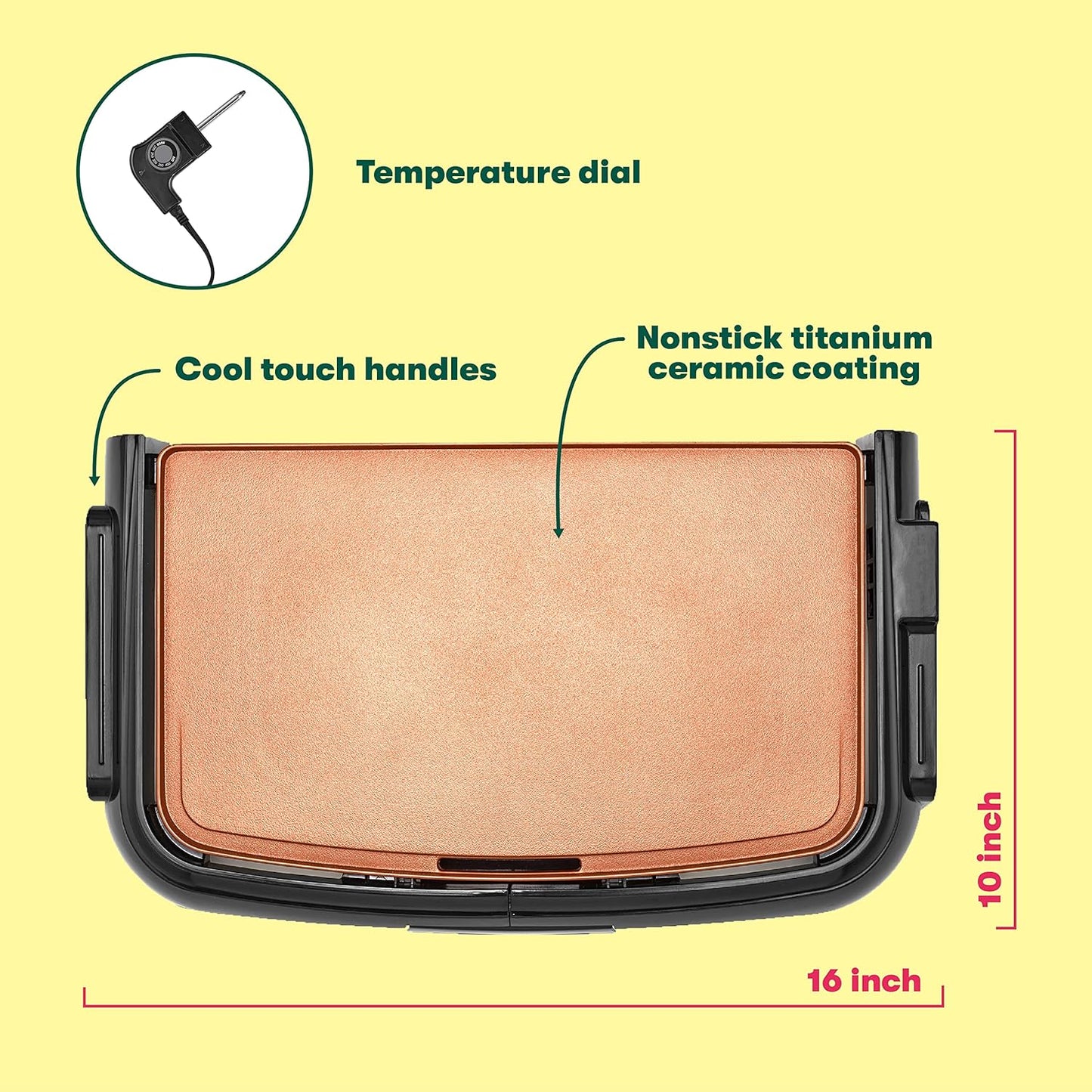 BELLA Griddle Ceramic Copper TI, Healthy-Eco Non-Stick Coating, Hassle-Free Clean Up, Large Submersible Cooking Surface, 10" X 16", Copper/Black