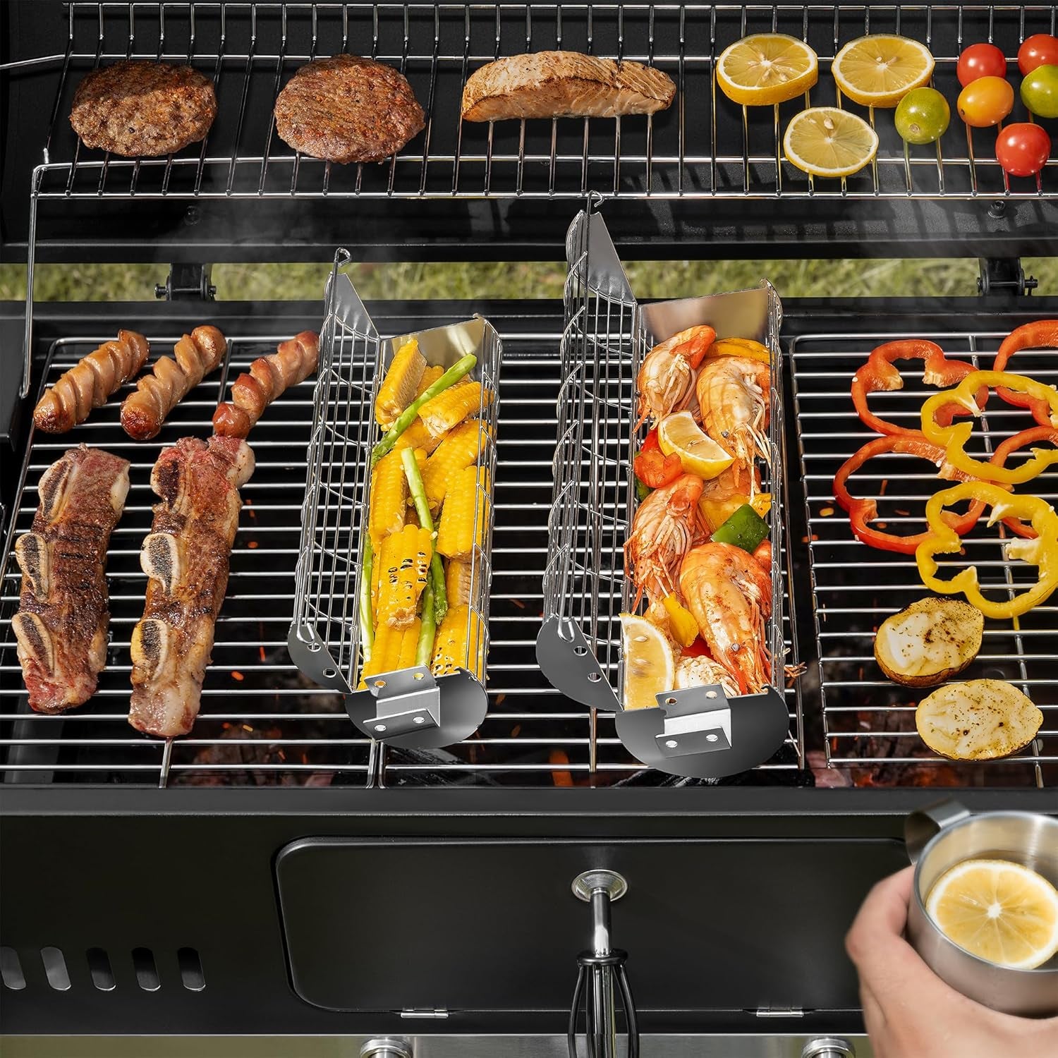Rolling Grill Basket, New Opening Design, Extra Sturdy Cylinder Grilling Basket, Food Grade Stainless Steel, Large Portable Outdoor Camping Accessories BBQ Net Rack, Cooking Griller for Fish, Vegetables, and More - Gifts for Men Dad Husband - Set of 2