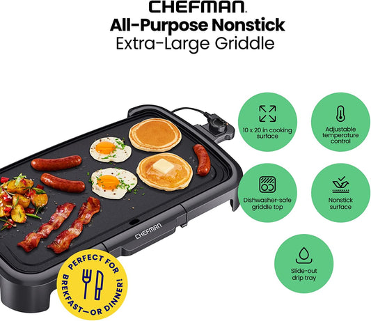 Chefman XL Electric Griddle with Removable Temperature Control, Immersible Flat Top Grill, Burger, Eggs, Pancake Griddle, Nonstick Extra Large Cooking Surface, Slide Out Drip Tray, 10 X 20 Inch