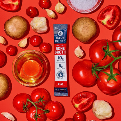 Bare Bones Beef Bone Broth Instant Powdered Mix | Rich Savory Packets On-The-Go No Artificial Flavors | 100% Grass Fed Keto & Paleo Friendly | 10G Protein | 16 Pack