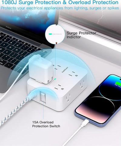 Image of Surge Protector Power Strip - 8 Outlets with 4 USB (2 USB C) Charging Ports, Multi Plug Outlet Extender, 5Ft Braided Extension Cord, Flat Plug Wall Mount Desk USB Charging Station for Home Office ETL