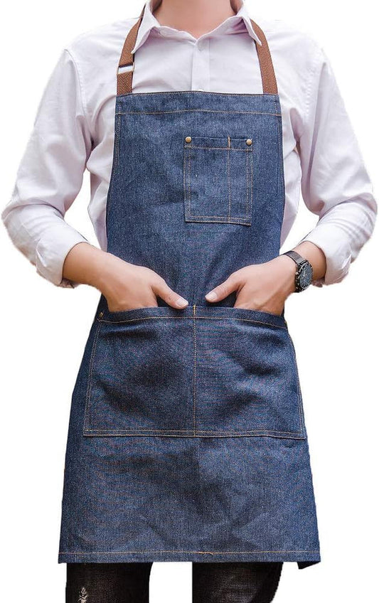 Unisex Adjustable Multi Pocket Denim Apron for Chef Kitchen BBQ and Studio