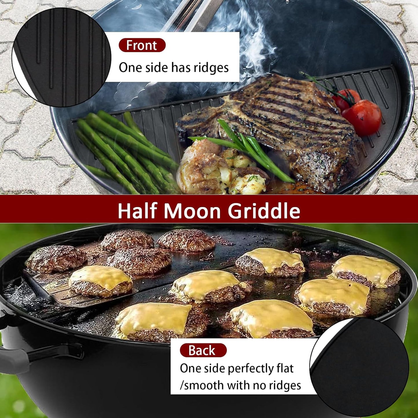 Kamaster 22" Half Moon Cast Iron Cooking Grate Grill Accessory Replaces for Weber Charcoal Grill Half Moon Grate+Griddle+4 Support Extension,Cooking Grate for Weber 22